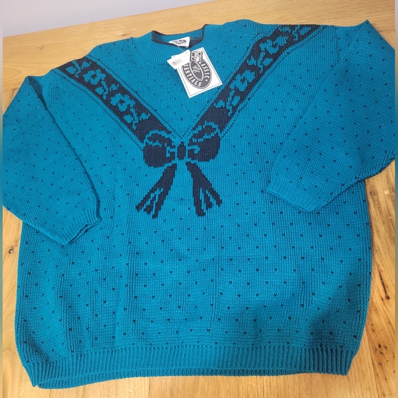 NWT vintage 22W (XL) deep teal and black polka dot and bow crewneck sweater - Picture 4 of 9